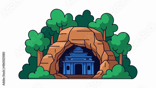 A blue temple entrance is nestled within a rocky cave, surrounded by lush green trees