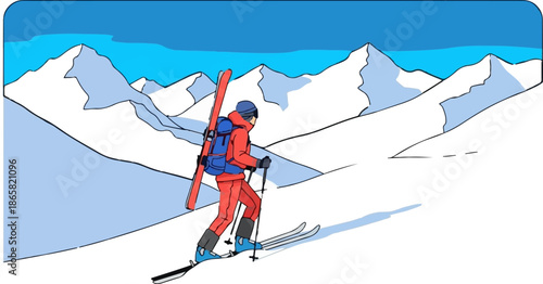A person ski touring up a snowy mountain under a bright blue sky