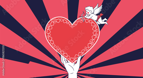 Hand holding a large red heart decorated with smaller hearts while Cupid flies above against a dark blue sunburst background.