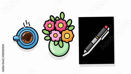 A hot coffee cup, a vase of colorful flowers, and a writing pen on a black background
