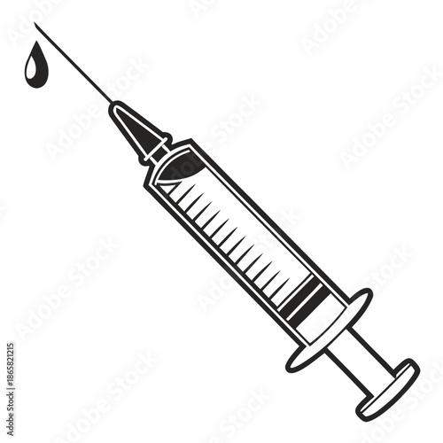 a medical syringe. It shows the plunger partially pulled back, a transparent barrel with measurement markings, a needle attached, and a single droplet falling from the tip of the needle.
