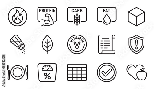 Set of black line icons representing nutrition facts, healthy eating, diet planning, and food properties like protein, carbs, and fat, presented in a clean, minimalist vector style