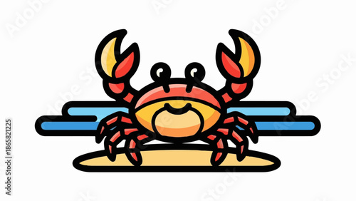 A cheerful, cartoon-style crab with raised claws sits on a sandy beach next to blue waves