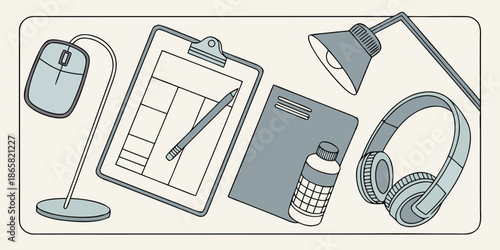 Assortment of essential modern office and study tools including a computer mouse clipboard notebook headphones and desk lamp arranged flat lay