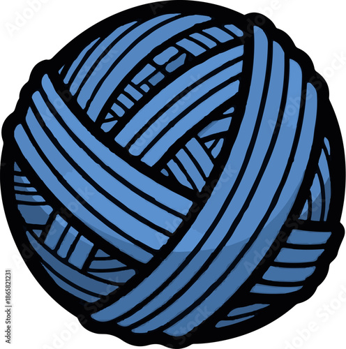 A round ball of tightly wound blue yarn with black outlines