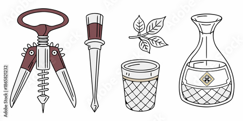 Assortment of stylized wine and beverage service accessories including a corkscrew a decanter and a decorative leaf branch illustration