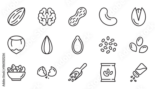 Set of nut and seed line icons featuring almond, walnut, peanut, cashew, pistachio, and hazelnut in a clean, minimalist style for healthy snack and nutrition concepts