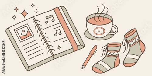 Cozy autumn crafting session featuring a spiral notebook with music notes a steaming cup of tea and warm patterned socks for creative relaxation