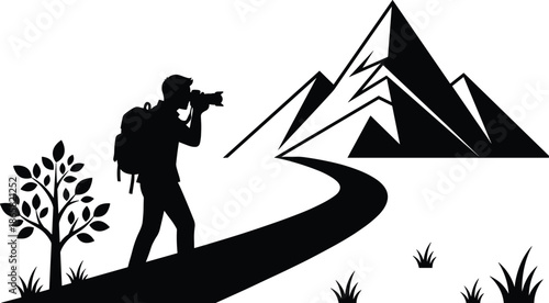 Silhouette traveler photographer walking on mountain trail capturing nature landscape with camera, adventure travel hiking tourism exploration outdoor journey illustration