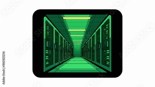 A perspective view down a long, green server room corridor with lights