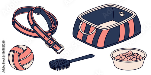 Collection of essential pet accessories featuring a colorful collar ball grooming brush carrier bag and food bowl supplies