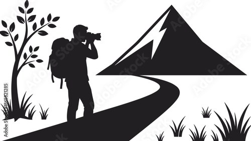 Silhouette traveler photographer walking on scenic mountain trail capturing nature landscape with camera, adventure hiking exploration travel tourism outdoor illustration