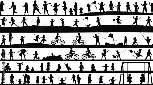 Silhouette collection of children playing outdoors, running, cycling, flying kites and enjoying playground activities, happy childhood concept illustration