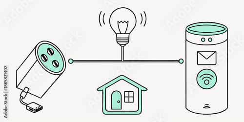 Illustration depicting a smart home automation system connecting a security camera lightbulb and voice assistant for connected living and remote control
