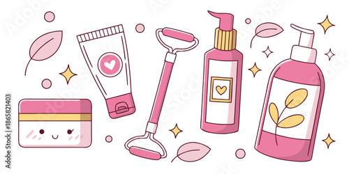 Charming kawaii collection of pink skincare products featuring a jade roller cream jar and various cosmetic bottles for beauty routines and self care