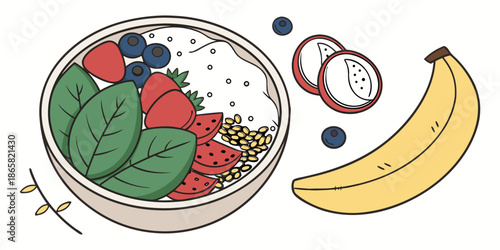 Vibrant cartoon illustration of a healthy breakfast smoothie bowl overflowing with fresh fruits and greens beside a ripe banana and passion fruit slices