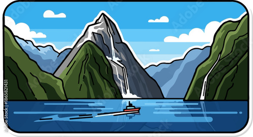 A boat cruises across a serene blue bay, with majestic mountains and waterfalls in the background