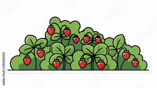 A row of vibrant green bushes adorned with ripe red strawberries and their leaves