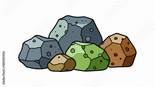 A pile of colorful, faceted rocks, some with circular indentations