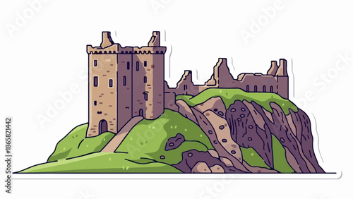 A ruined castle stands atop a rocky, grassy hill under a bright sky