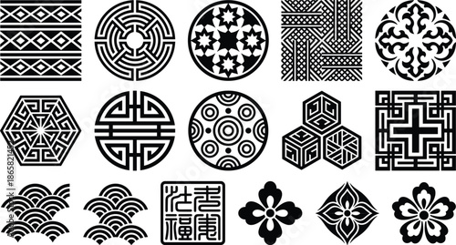 Traditional geometric and floral ornamental pattern icons set in black vector design, decorative cultural motifs for art, craft and design