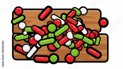 A pile of festive red, green, and white sprinkles scattered on a wooden surface