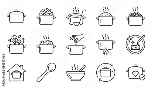 Cooking pot and kitchenware line icon set showing various food preparation steps, including soup, rice, vegetables, and seasoning for culinary and recipe concepts