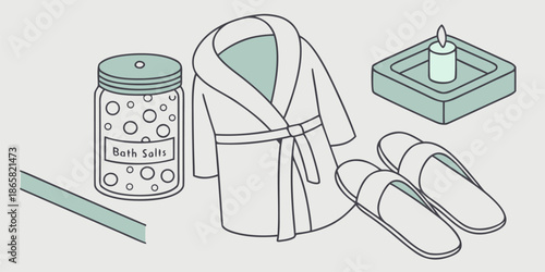 Illustration featuring essential items for a relaxing home spa experience including bath salts a plush robe slippers and a glowing scented candle