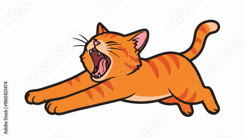 A cartoon orange tabby cat with stripes is stretching and yawning with its mouth wide open