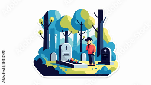 A person stands in a somber graveyard, surrounded by trees
