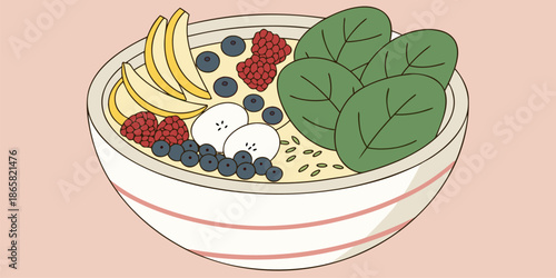 Illustration of a beautifully garnished smoothie bowl featuring fresh spinach leaves vibrant blueberries sweet raspberries sliced bananas and crunchy seeds representing healthy eating