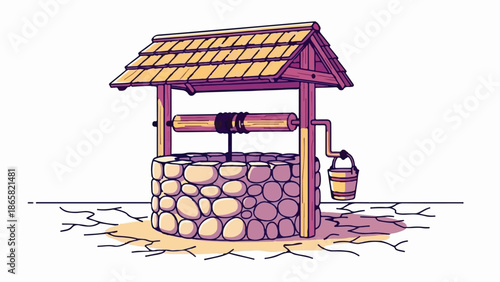 A rustic stone well with a wooden roof and a bucket attached