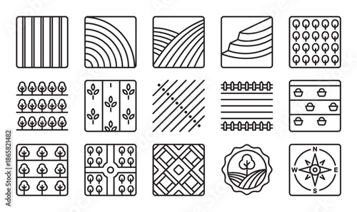 Set of agriculture and farming icons in a minimalist black line art style, depicting various elements like plowed fields, crops, trees, gardens, a compass, and farm landscapes