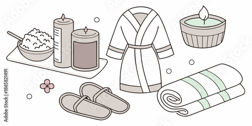 Essential collection of spa treatment items including a plush bathrobe, scented candles, fluffy towels, and slippers for ultimate relaxation and self care.