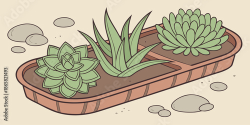 Illustration showcasing three distinct types of healthy green succulent plants thriving together within a segmented terracotta colored planter box filled with rich brown soil.