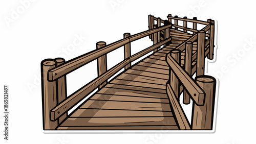A rustic wooden boardwalk winds its way upwards with sturdy railings