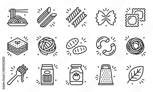 Set of black line art icons representing various types of pasta and Italian food ingredients, including spaghetti, ravioli, penne, and tomato sauce, in a minimalist style