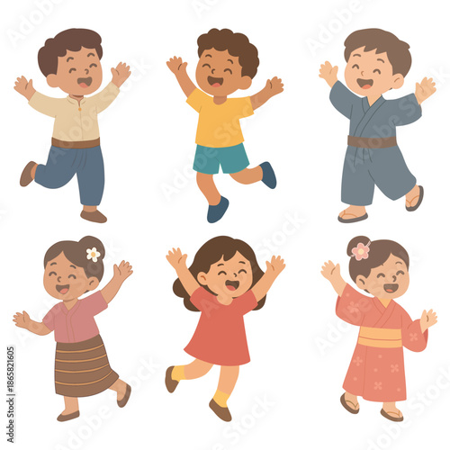 Happy Children Day Celebrating Cultural Diversity Cute Kids Vector Illustration Isolated On White.