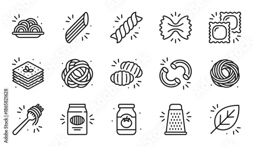 Pasta and Italian cuisine outline icon collection featuring spaghetti, ravioli, fusilli, penne, farfalle, lasagna, tomato sauce, a grater, and a basil leaf for graphic design
