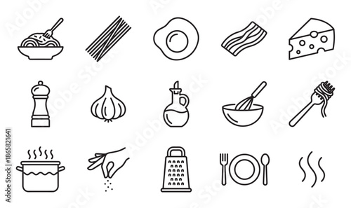 Minimalist black line icon set illustrating the ingredients and cooking process for a classic pasta dish with spaghetti, egg, bacon, and cheese
