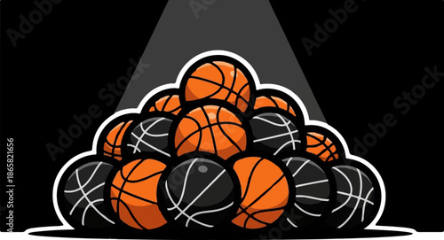 A pile of orange and black basketballs sits under a spotlight