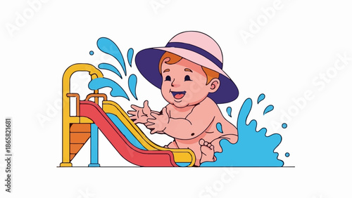 A joyful baby in a wide-brimmed hat splashes in the water at the base of a colorful slide