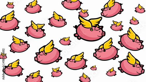 A scattering of cartoon pigs with golden wings on a white background