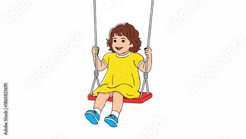 A joyful child in a yellow dress happily swings on a red swing