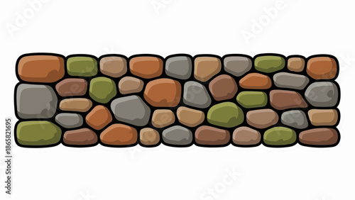 A row of rounded, irregularly shaped stones, in earthy tones of brown, grey, and green, form a wall