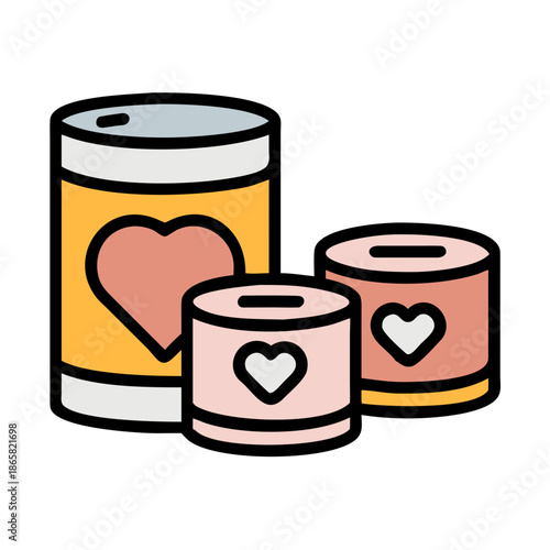 Canned food donation set with heart symbols in simple colorful vector style