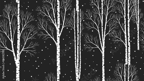 Winter birch forest landscape illustration with falling snow, black and white nature scene, serene seasonal woodland background, minimalist cold weather design