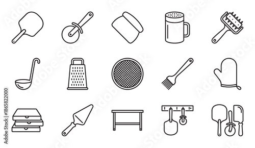 Pizza making tools and equipment icons set featuring a peel, cutter, grater, and other pizzeria utensils in a simple black and white linear graphic illustration style