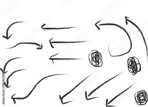 A collection of hand drawn arrows and circular shapes on a white background