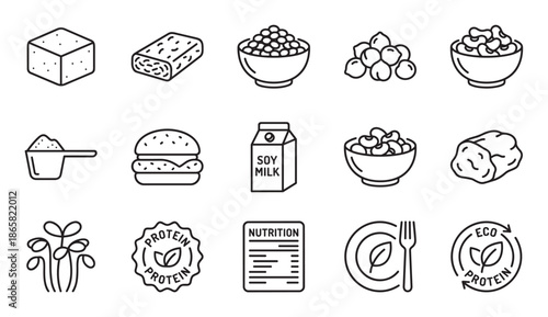 Vegan and plant-based protein food icons set showing tofu, tempeh, soy milk, beans, and nutrition symbols in a minimalist black and white line art illustration collection
